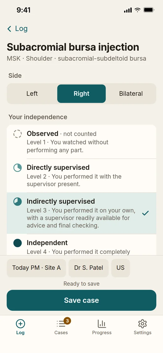 The case screen for a subacromial bursa injection: the side, your independence from level 1 to 4, and Save case.