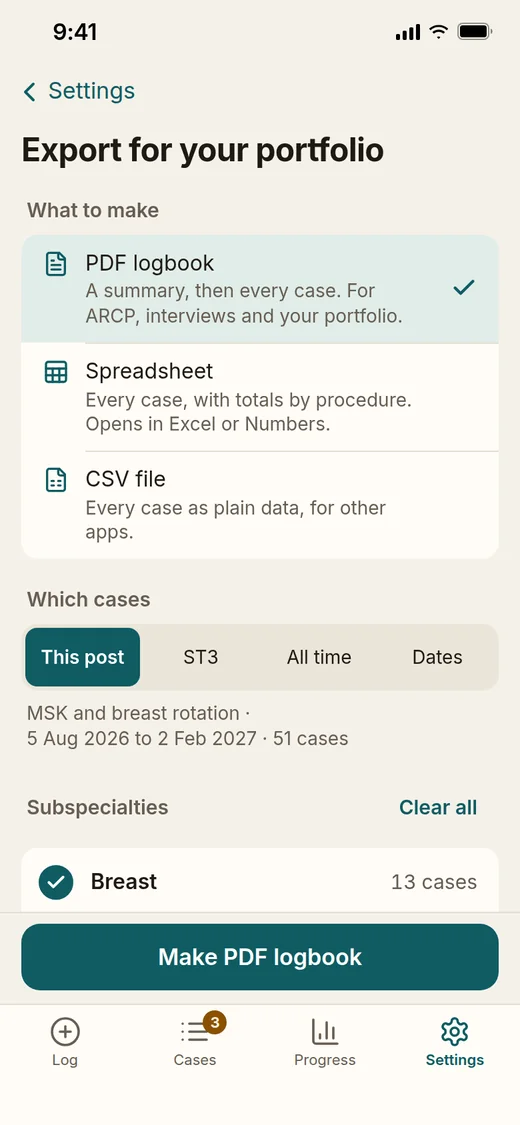 Export for your portfolio: PDF logbook, Spreadsheet or CSV file, for this post, ST3, all time or chosen dates, by subspecialty.