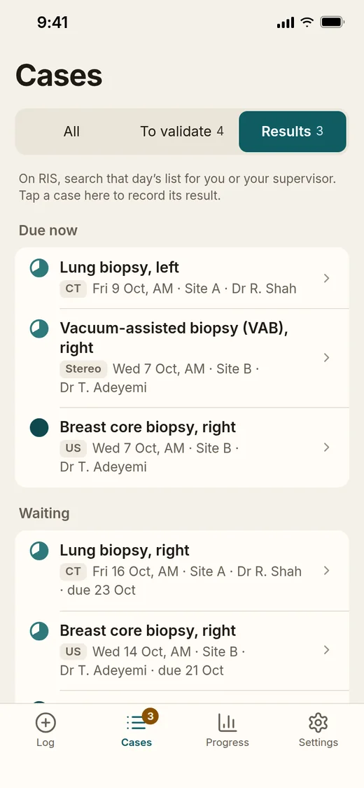 Cases, Results: three results due now and more waiting, each with its day, site and supervisor.