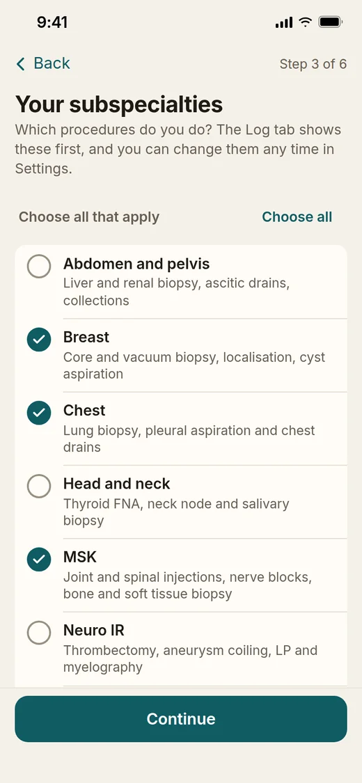 Setup step 3 of 6, Your subspecialties, with Breast, Chest and MSK ticked.