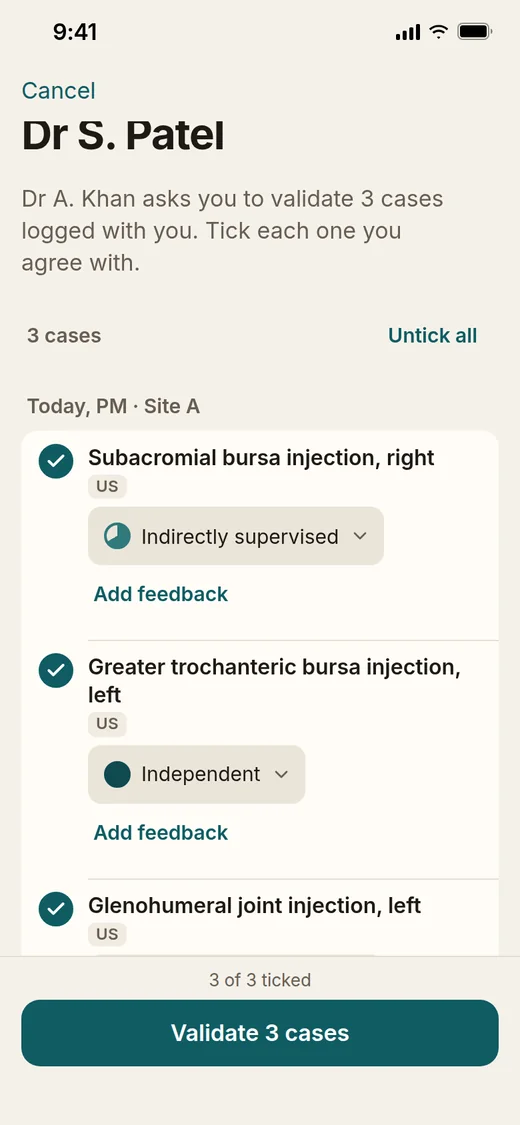 Dr S. Patel validating three of today’s cases on the trainee’s phone, each with its level.
